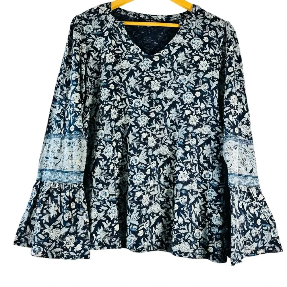 Lucky Brand Blue Floral Bohemian Bell Sleeve Modal Blend V-Neck Blouse Top
